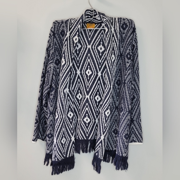 Ruby Rd Navy Blue White Fringe Sweater Open Cardigan Jacket Cover Up Sz XL - Picture 1 of 5
